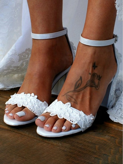 Bridal Women for with Strap Heels - White Lace Ankle Open-Toe