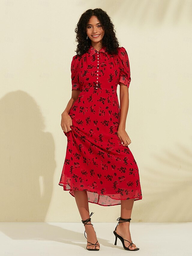 Chiffon Floral Print Puff Sleeve Midi Dress