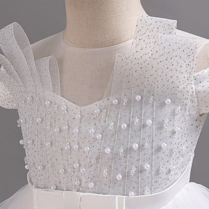 Sleeve Party Color Short Dress Girls' Solid Kids Wedding