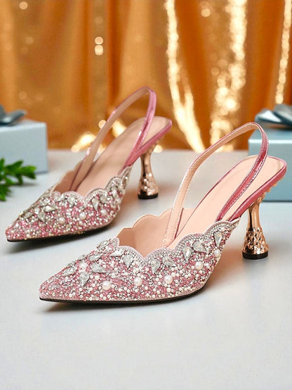 Toe Party - Slingback Pointed Rhinestone Pink Heels Women's