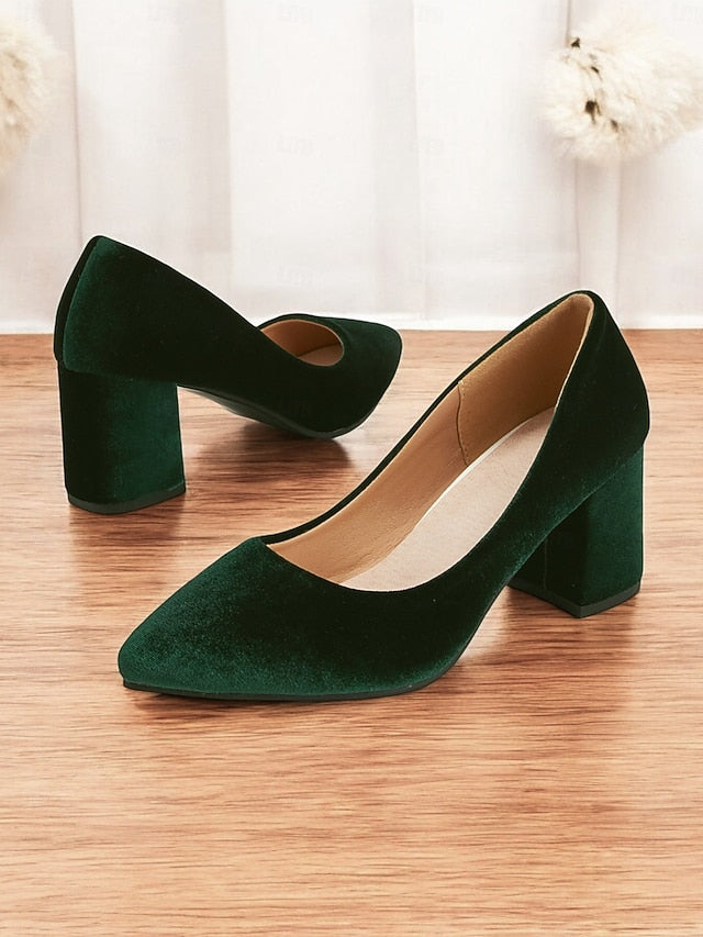 Pumps - Block Heel Elegant Green Women's Pointed Velvet Toe
