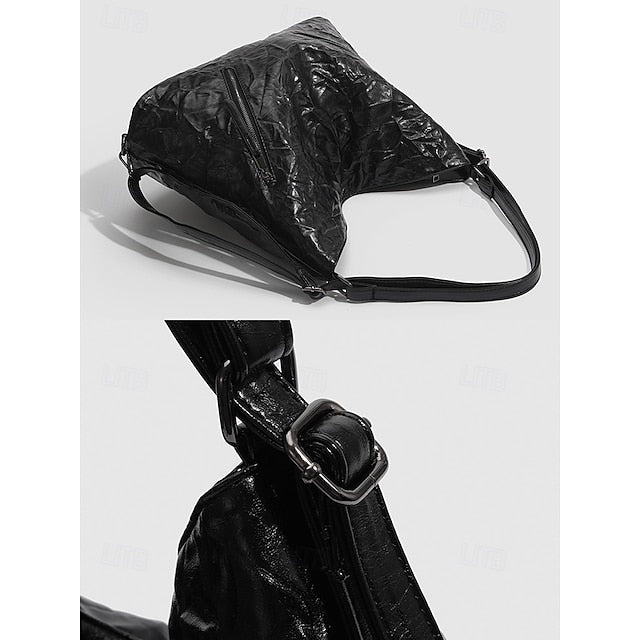 Schwarze Hobo-Tasche aus Leder für Damen – Lack-Crinkle-Tasche Sleek