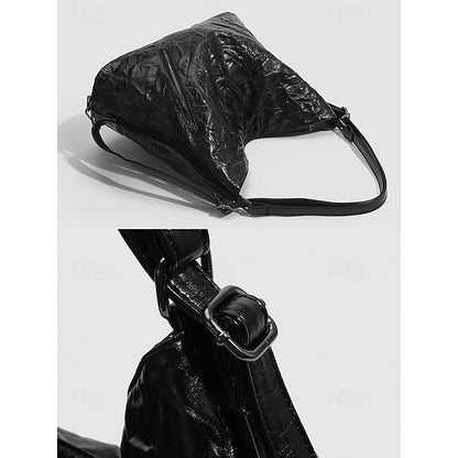 Schwarze Hobo-Tasche aus Leder für Damen – Lack-Crinkle-Tasche Sleek