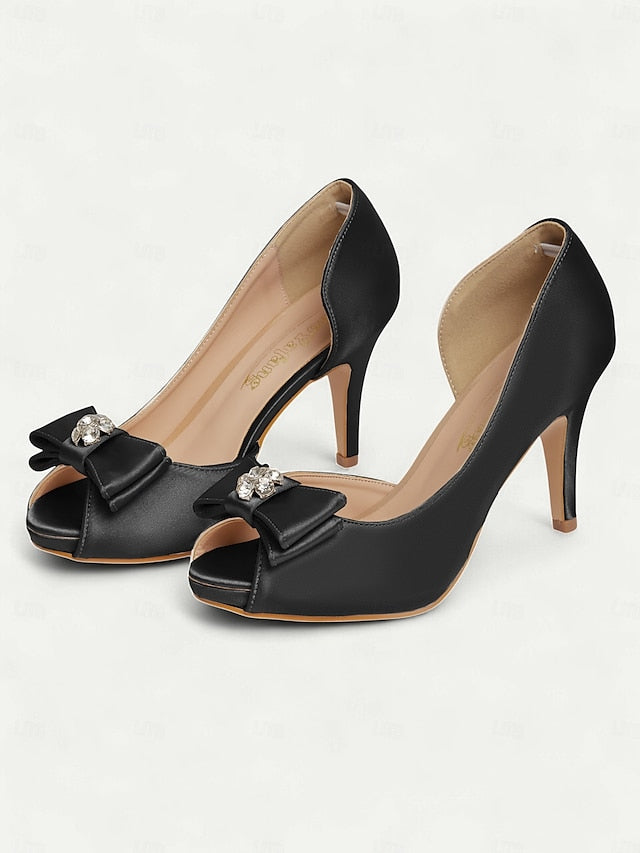 Champagne Satin Bow Women's Peep and Toe Heels with