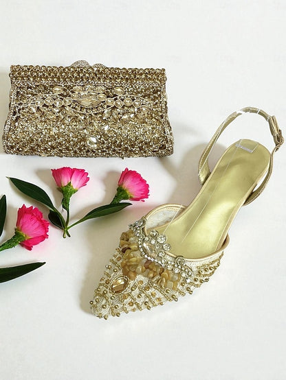 Rhinestone Set Shoes Green Bag - Clutch Heel Women's and