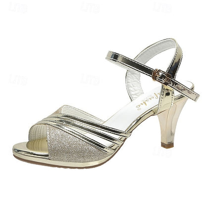 - Women's Heel Straps Sandals Mid Silver Glitter with