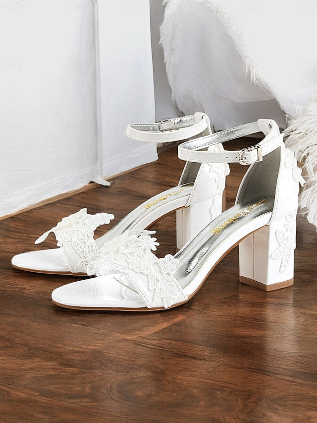 Bridal Women for with Strap Heels - White Lace Ankle Open-Toe