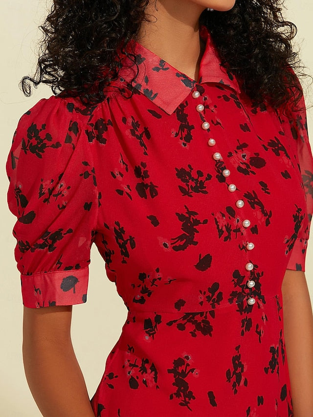 Chiffon Floral Print Puff Sleeve Midi Dress