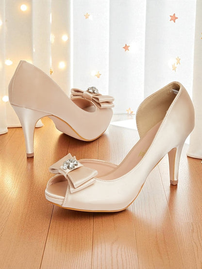 and Toe with Peep Satin Bow Champagne Heels Women's