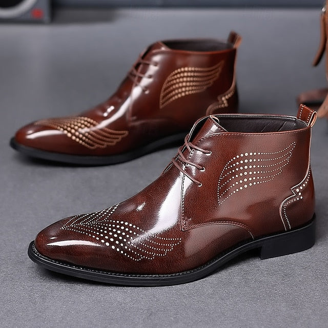 Leather Brogue Burgundy Glossy Faux Ankle Men's Wingtip
