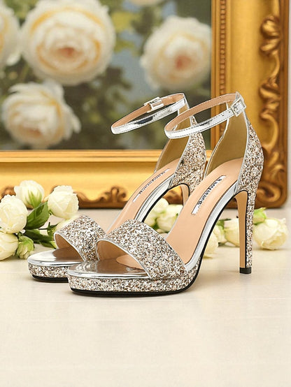 Women's Strap Sandals Ankle Silver High Heel with Glitter
