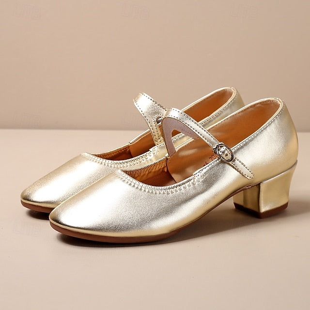 Women's with Low Mary Heel Jane Buckle Dance Gold Shoes