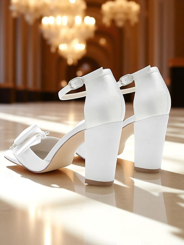 Heel Women's Block Bow Satin Pumps and with Crystal