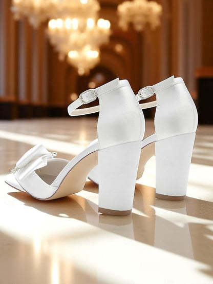 Heel Women's Block Bow Satin Pumps and with Crystal