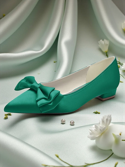Satin Toe Pointed Green Bow Elegant - Women's Flats