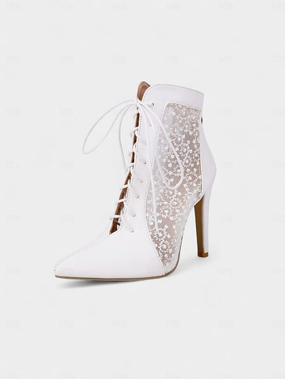 Stiletto Ankle Heels Mesh Women's Booties White Lace with