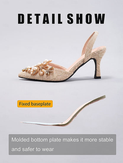 Black Pearl Heels - Slingback Satin with Women's Detailing