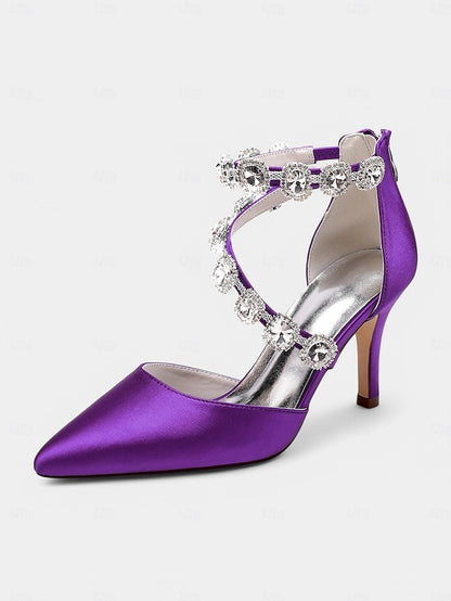 Satin Ankle Heels Crystal with Women's Purple Stiletto