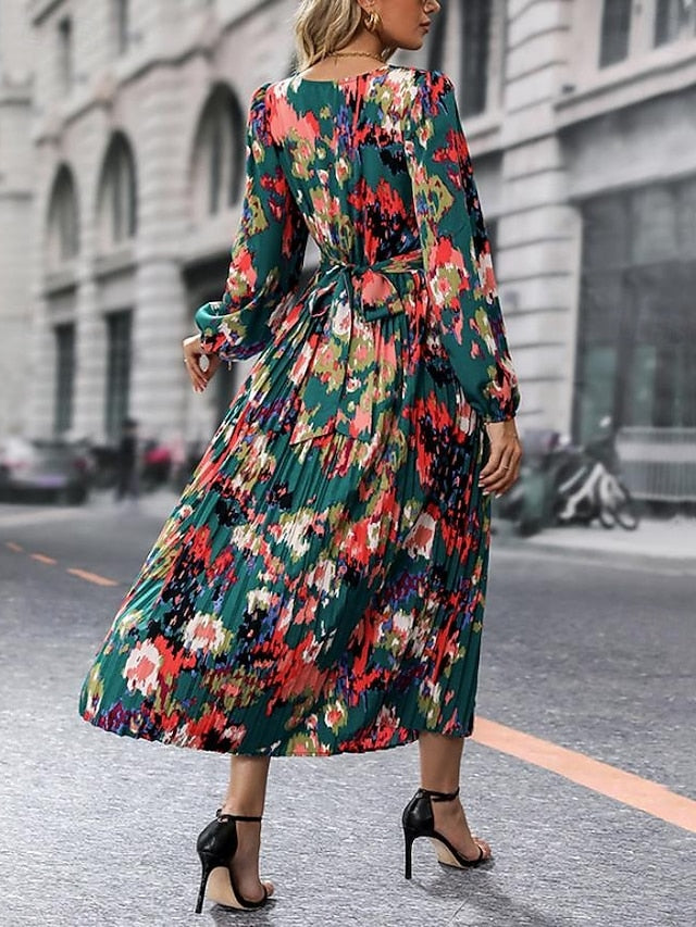 Women's Graphic Print V Neck Long Dress Maxi Dress Long