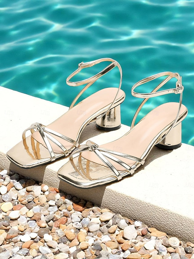 Ankle Metallic Women's Gold Block Shiny Heels Strap –