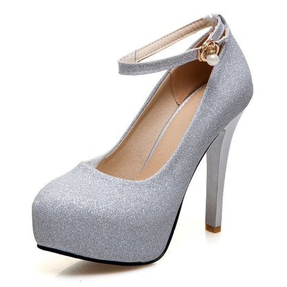 Women's Stiletto Heels with Ankle Glitter Platform Silver