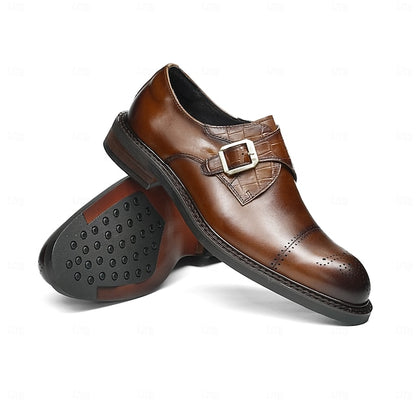 Genuine Leather Strap Black First Dress Monk Men's Shoes-