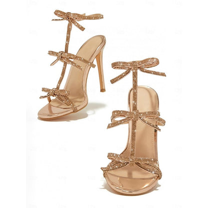 Bow Women's Sparkly – Stiletto Sandals Strappy Gold Knot