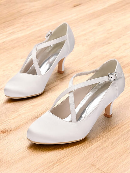 with Rhinestone White – Elegant Satin Buckle Cross-Strap Heels