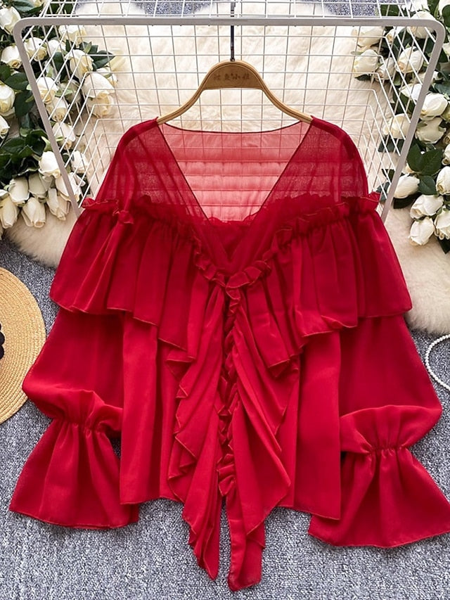 Women's Blouse Solid Color Stylish Casual Long Sleeve V