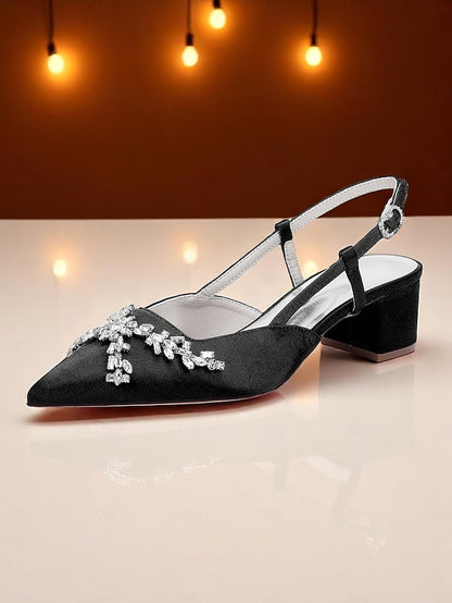Satin Heels Black Women's Slingback