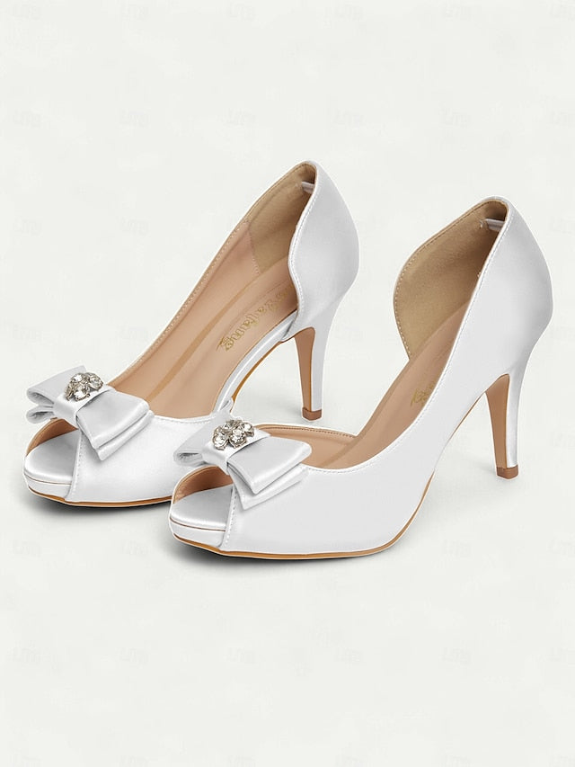 Champagne Satin Bow Women's Peep and Toe Heels with