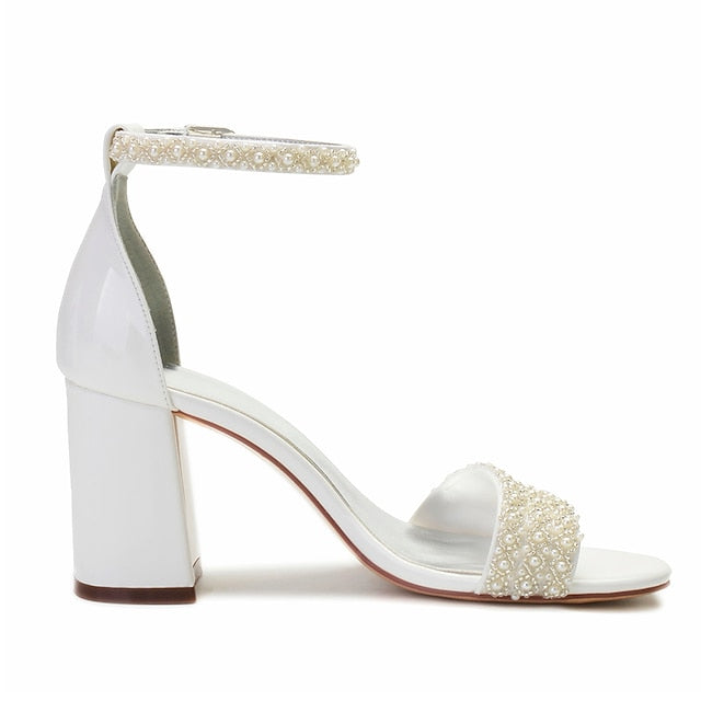Women's White Block Strap Ankle Embellished Pearl Ivory