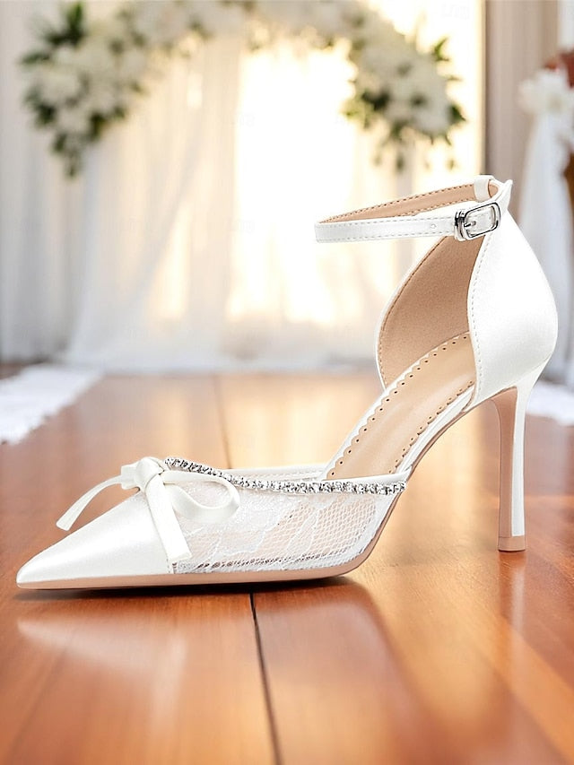 Satin White Heels High Lace Women's
