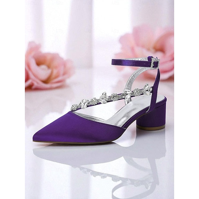 Heel Rhinestone Block Pumps Purple Women's with Satin