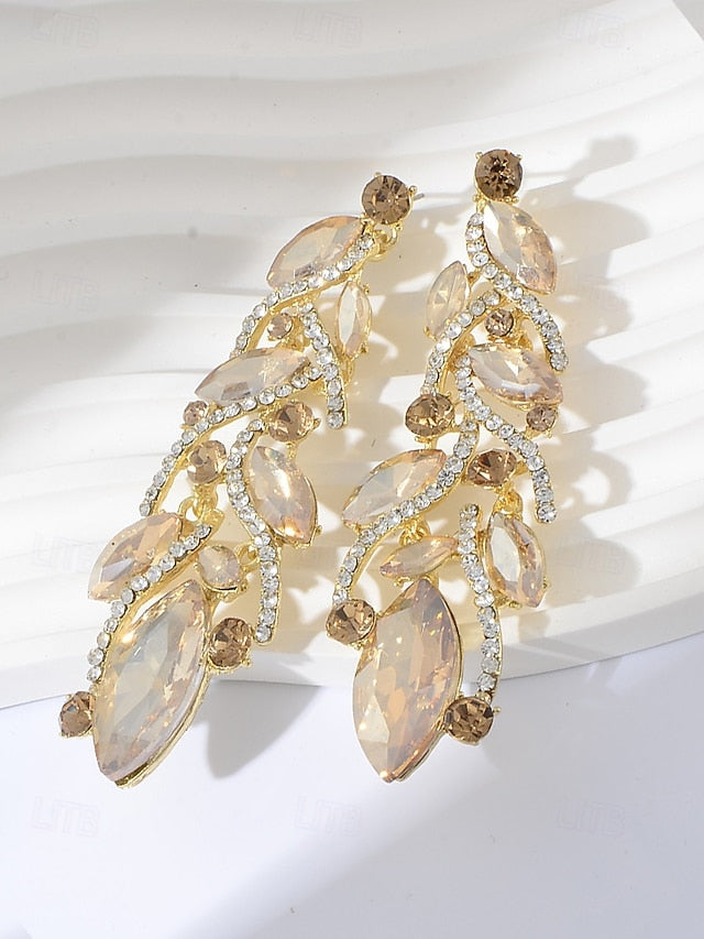 Leaf Design Earrings Women's Gold Elegant Crystal -