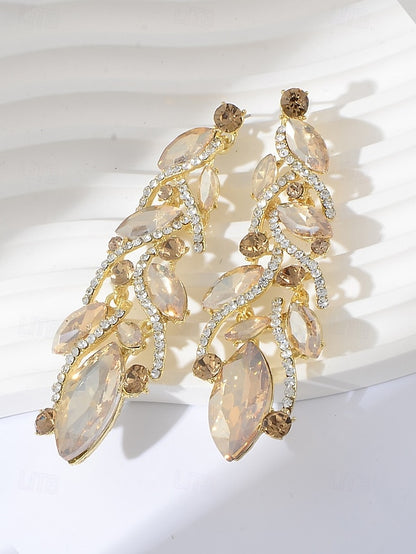 Leaf Design Earrings Women's Gold Elegant Crystal -
