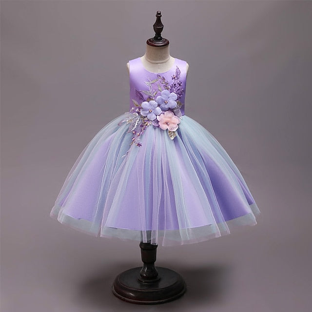 Floral Kids Purple Dress Party Blue Blushing Lace Girls'