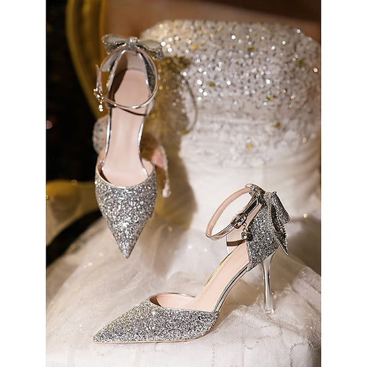 Glitter Bow Sparkly Heels - Pointed Women's Toe Silver