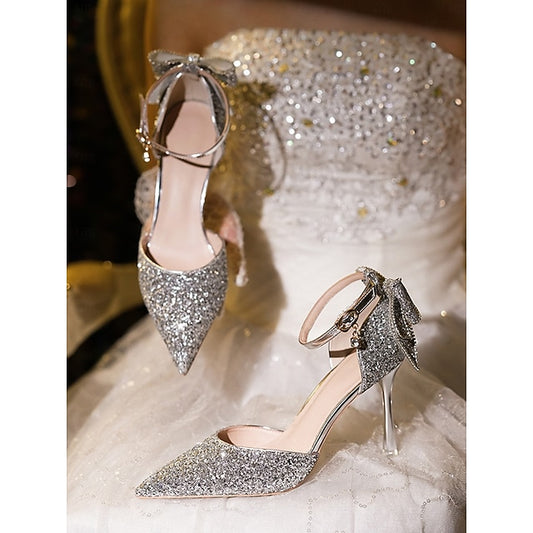 Bow Sparkly Toe - Women's Silver Heels Glitter Pointed
