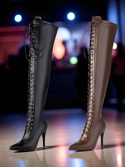 Women's Boots Stiletto - Brown Sexy the Lace-Up Knee Over