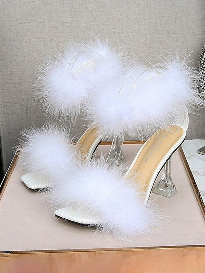 Feather-Embellished High Clear Sandals Turquoise with Heel