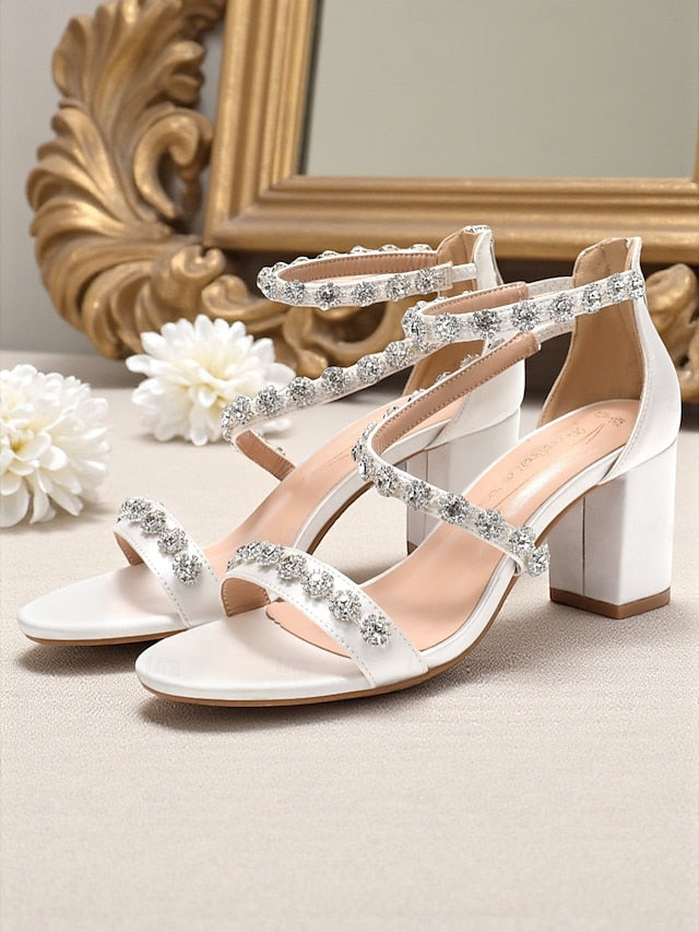 Elegant White Sandals Women's Block Rhinestone Heel - Open