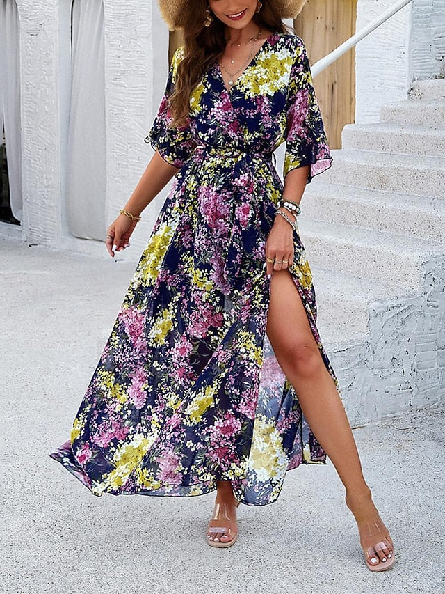Women's Casual Dress Floral Print V Neck Long Dress Maxi