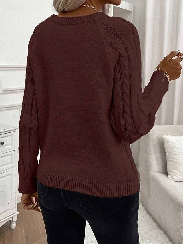 Women's Sweater Casual Soft Pure Color Cable Crew Neck