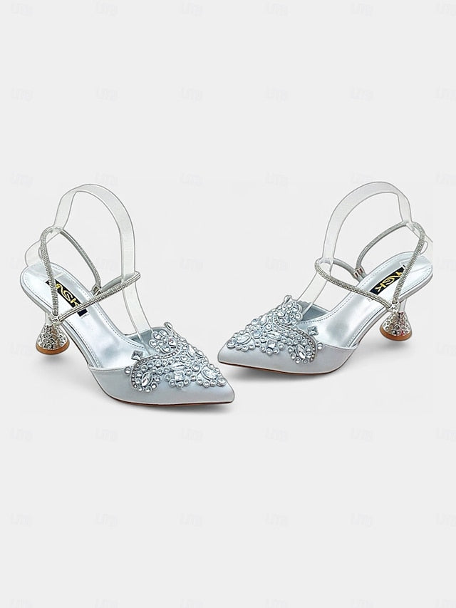 Gold Rhinestone Toe Satin Pointed Embellished Women's