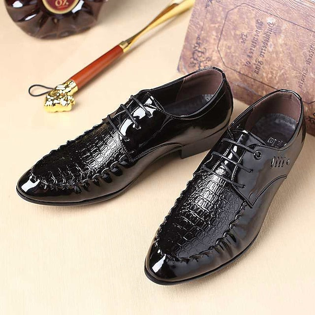 Leather Patent Crocodile Shoes Men's - Faux Black