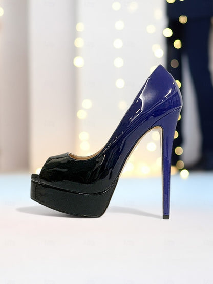 High Leather Women's Platform Patent Heels Peep Black Toe