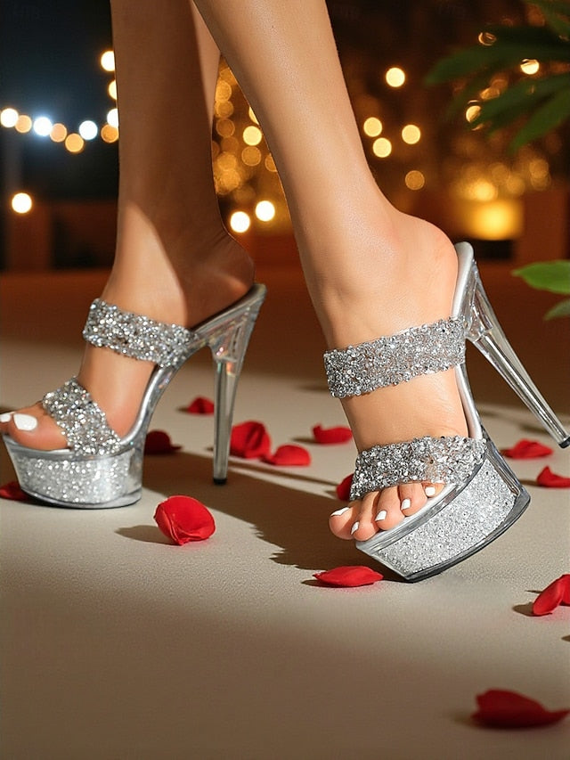 High Women's - Heel Peep Rhinestone Glitter Mules Platform