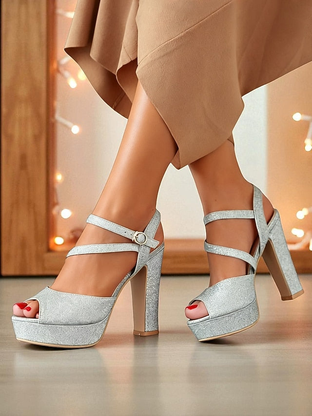 Strap Heel Sandals Platform Ankle High with Glitter Women's