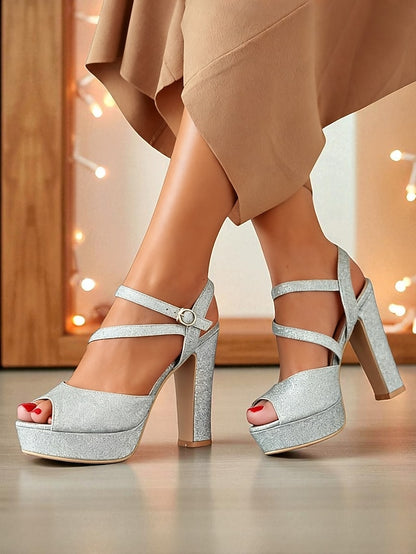 Strap Heel Sandals Platform Ankle High with Glitter Women's